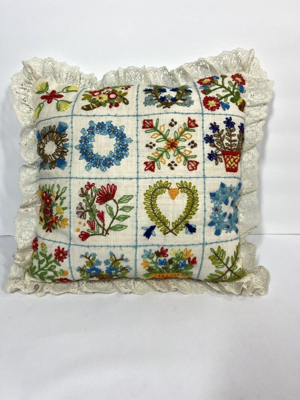 Vintage Embroidered Crewel Pillow